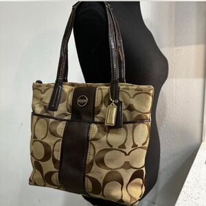 Coach Tan Khaki Signature Canvas Tote with Dark Brown Trim